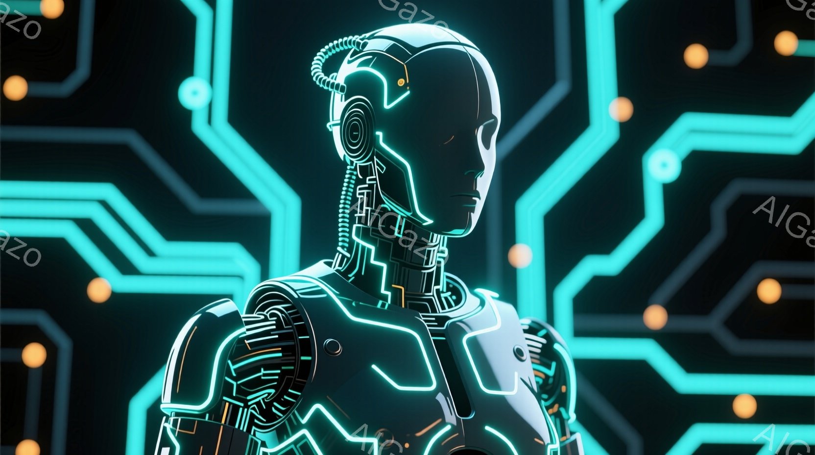 この画像は、未来的なロボットの胸像で、白い装甲とネオンブルーの光る回路で構成されています。ロボットは正面を向き、表情は無く、未来的なヘッドセットのようなものが頭部に装着されています。背景には、同じネオンブルーで光る幾何学的な回路パターンが広がっており、サイバーパンク的な雰囲気を醸し出しています。