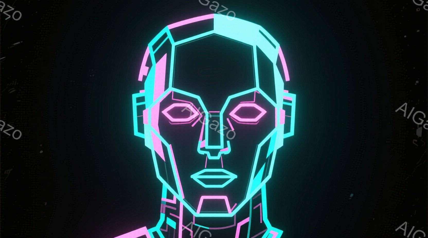 この画像は、ネオンカラーのラインで構成された人物の顔のクローズアップです。顔は幾何学的な形状で表現され、未来的なロボットのような印象を与えます。背景は暗く、ぼやけた黒色で、顔のネオンラインが際立っています。