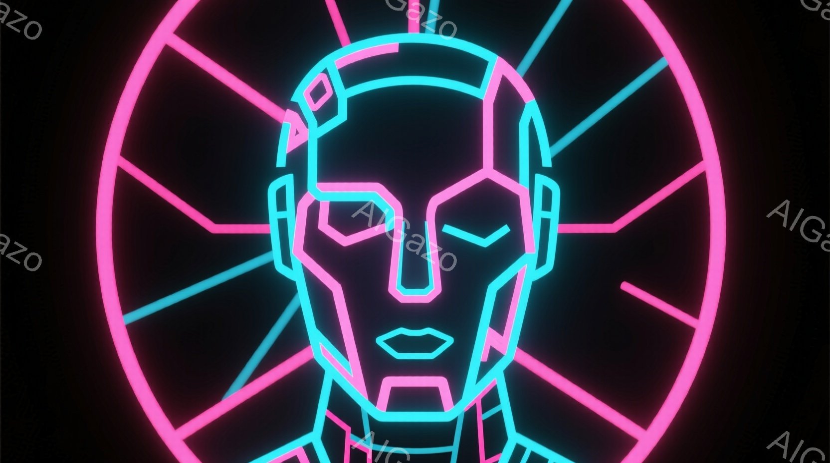 真っ黒な背景に、ネオンライトで描かれた顔が中央に浮かび上がっています。顔は幾何学的な線で構成されており、未来的なロボットのような印象を与えます。鮮やかなピンクと水色のラインが交差することで、サイバーパンク的で独特の雰囲気を醸し出しています。