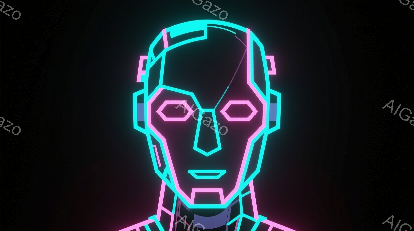 この画像は、ネオンライトで描かれた未来的な顔のポートレートです。顔は幾何学的な線で構成され、目は光る四角形、鼻と口はシンプルな三角形で表現されています。背景は黒く、顔の鮮やかな光が際立っており、サイバーパンクまたはテクノロジーの未来を感じさせる雰囲気です。