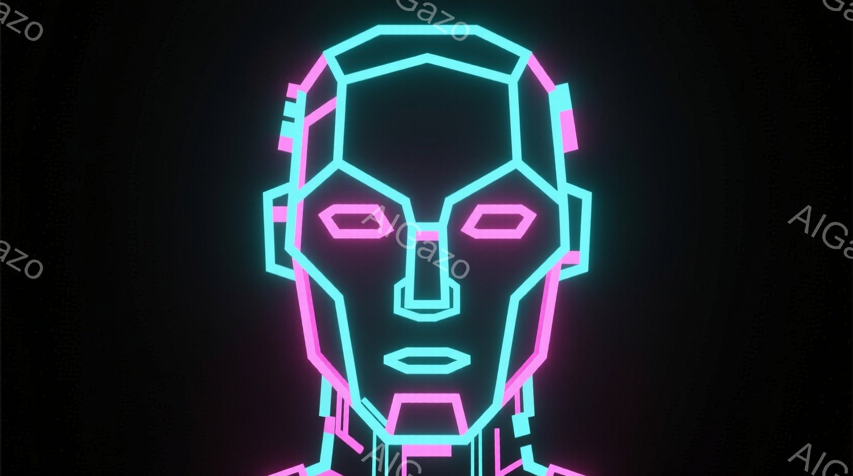 鮮やかなネオンピンクとターコイズブルーの線で構成された人物の顔が描かれている。顔の輪郭、目、鼻、口は幾何学的な形状で表現され、未来的な印象を与える。背景は真っ黒で、顔の光が際立っており、サイバーパンクまたはテクノロジーをテーマにした雰囲気を醸し出している。