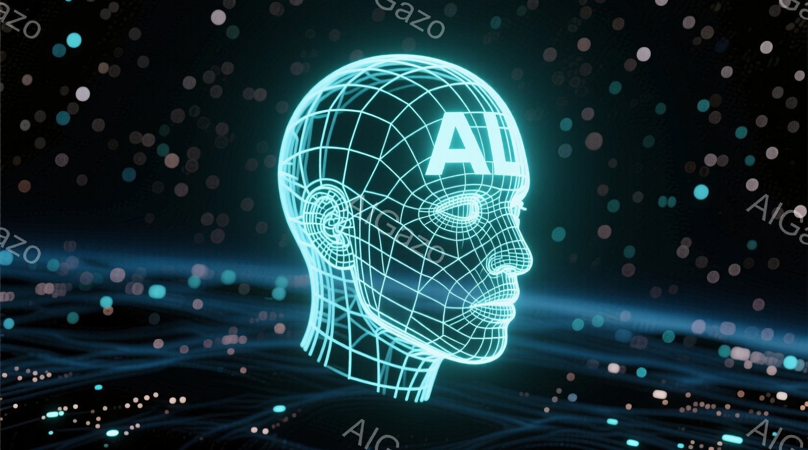 鮮やかな青色の光で構成された、人間の頭部を模したワイヤーフレームが描かれています。頭部の内部は空洞で、未来的な印象を与えます。背景には、ぼやけた光の粒子が散りばめられ、まるでデジタル空間に浮かんでいる - AI生成フリー素材