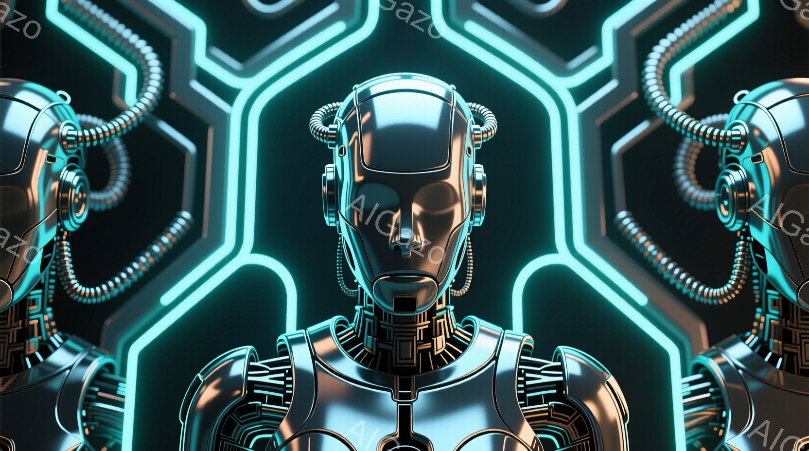 この画像は、メタリックなロボットの顔のクローズアップです。ロボットは未来的で幾何学的なデザインのヘルメットを着用しており、表情は読み取れません。背景には、蛍光色の青い線で構成された抽象的な六角形のパターンが描かれ、サイバーパンク的な雰囲気を醸し出しています。