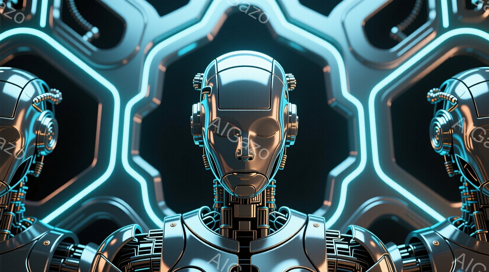 この画像は、未来的なロボットの胸像が複数並んだ構図で、中央のロボットが最も大きく、両側に小さめのものが配置されています。ロボットは金属製の滑らかな外観で、顔の特徴は控えめで、目をつぶっているように見えます。背景には、青色の光る六角形の模様が広がっており、未来的なサイバー空間の雰囲気を醸し出しています。