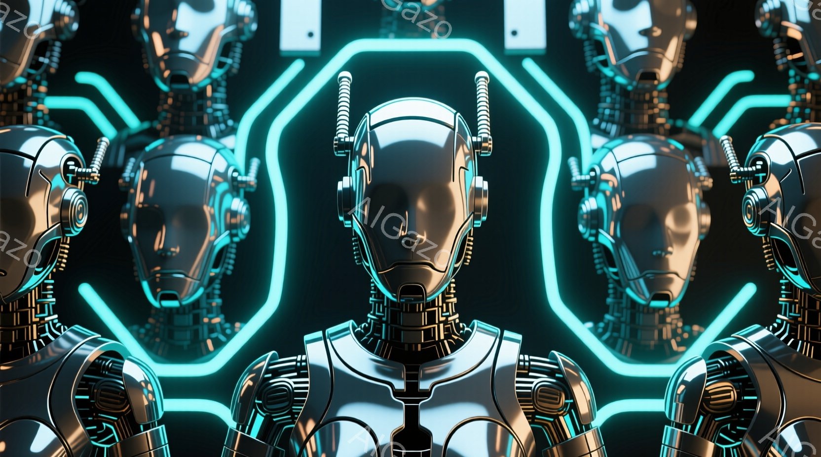 複数の未来的なロボットの胸像が、暗い背景に浮かび上がっています。彼らは光沢のある金属製のボディと、頭部から伸びるアンテナのような突起を持ち、一様に前方を見据えています。鮮やかな青色のネオンライトが、彼らの輪郭を強調し、サイバーパンク的で近未来的な雰囲気を醸し出しています。