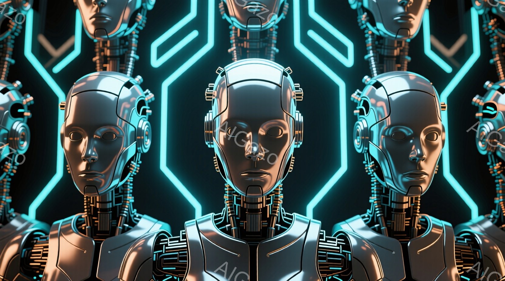画像には、未来的なロボットの顔が並んで描かれています。金属製の頭部と首は青みがかった銀色で、複雑なメカニカルなディテールが特徴的です。背景には、ネオンブルーの光る六角形のパターンが広がっており、サイバーパンク的で先進的な雰囲気を醸し出しています。