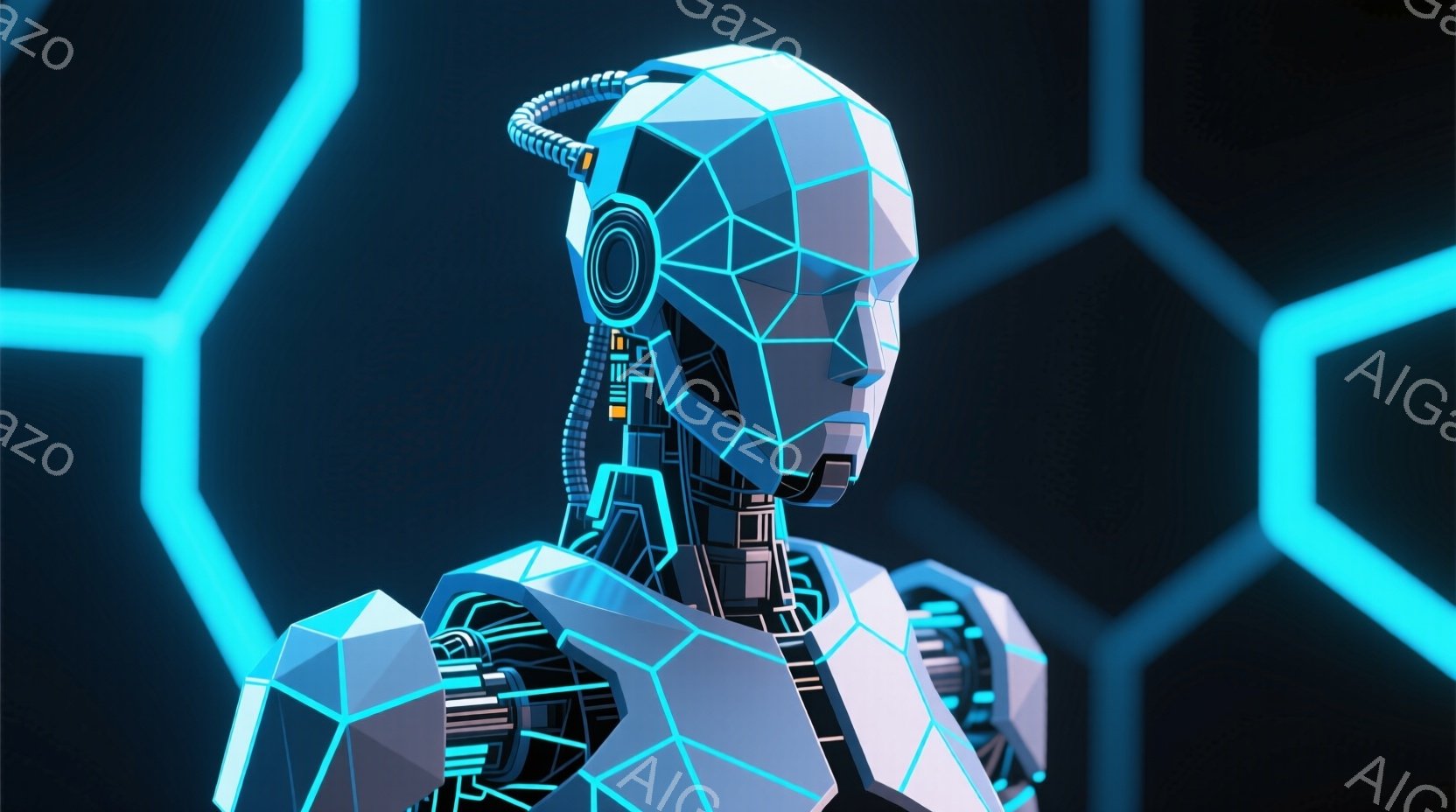 幾何学的な白いロボットが描かれており、頭部と身体が多角形で構成されています。ヘッドセットのようなデバイスが頭部に装着されており、内部の配線が青い光で強調されています。背景は黒く、明るい青色の六角形パターンが散りばめられており、未来的な雰囲気を醸し出しています。
