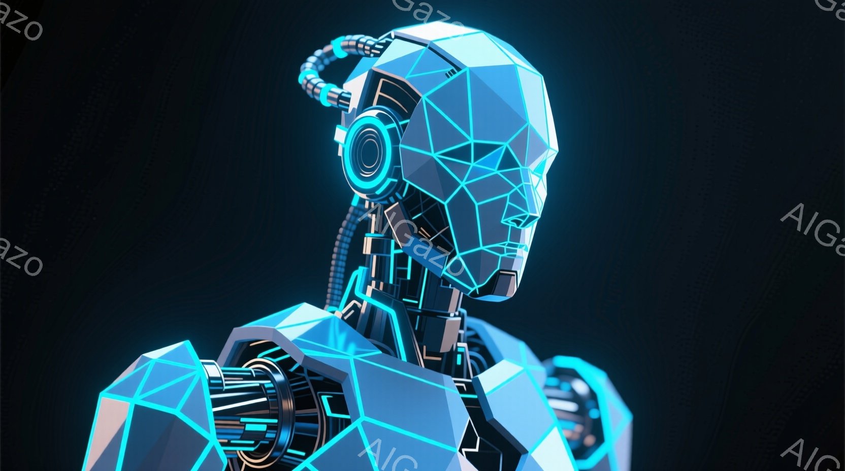 この画像は、未来的な青いロボットの肩から上が描かれています。幾何学的な線で構成された頭部と、複雑な配線が露出した肩、そして発光する青色のラインが特徴です。暗い背景がロボットの光を際立たせ、SF映画のような雰囲気を作り出しています。