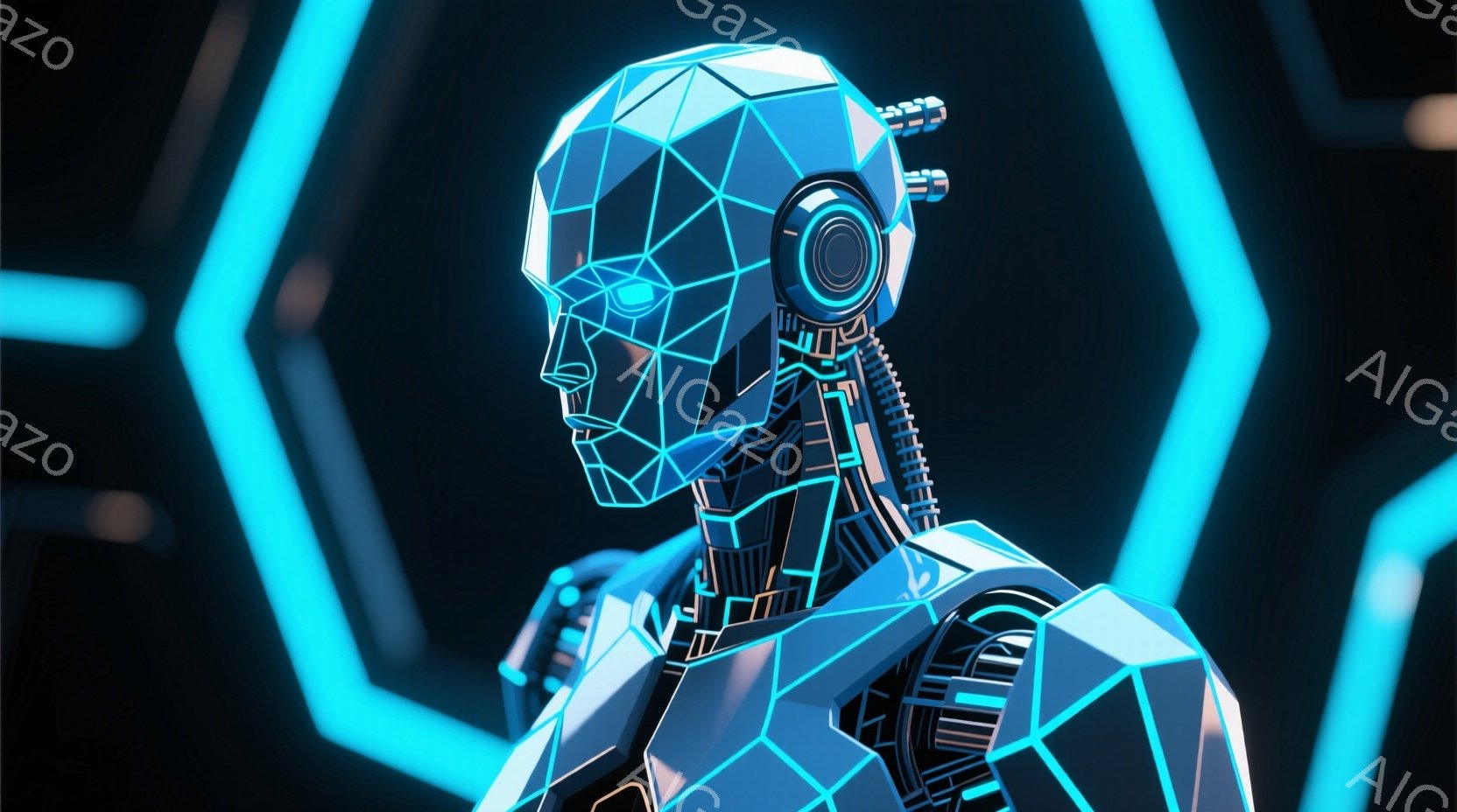 この画像は、未来的なサイバーパンク風のロボットの胸像です。顔と上半身は、光る青い線で構成された多角形のネットワークでできており、複雑な内部構造を垣間見ることができます。背景には、同様に光る青い線で描か - AI生成フリー素材