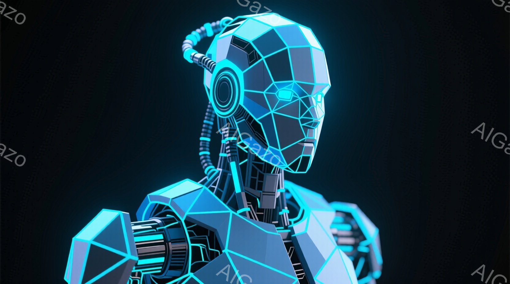 この画像は、未来的な三角形の線で構成されたサイバーパンク風のロボットの胸から上部の描写です。頭部には発光する青い円形の装飾があり、複雑な配線が肩に繋がっています。背景は暗く、ロボットの青色の発光が際立 - AI生成フリー素材