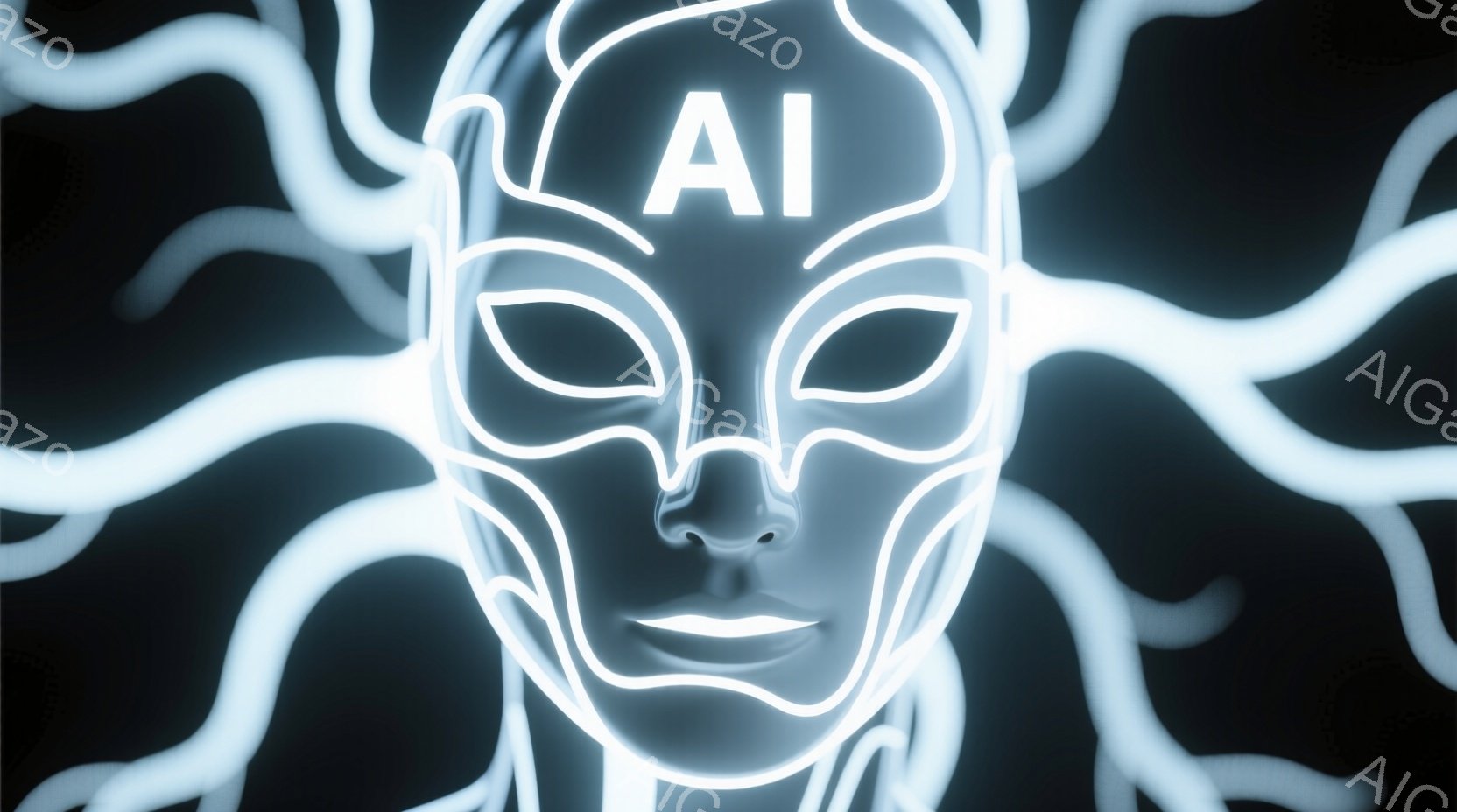 画像は、ネオンライトで描かれた人間の顔の輪郭を捉えており、顔の中心には「AI」という文字が配置されています。 顔は、未来的なマスクのような印象で、目、鼻、口が強調され、無表情な様子が特徴です。 背景は - AI生成フリー素材