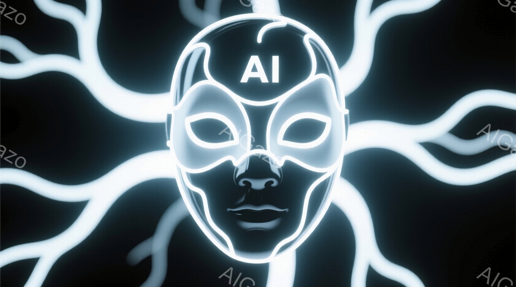 暗闇の中に浮かび上がる、蛍光線の光で描かれた人間の顔が印象的です。顔は無表情で、どこか神秘的な雰囲気を醸し出しています。背景には、ねじれた光の線が放射状に広がり、未来的な空間を表現しています。 - AI生成フリー素材