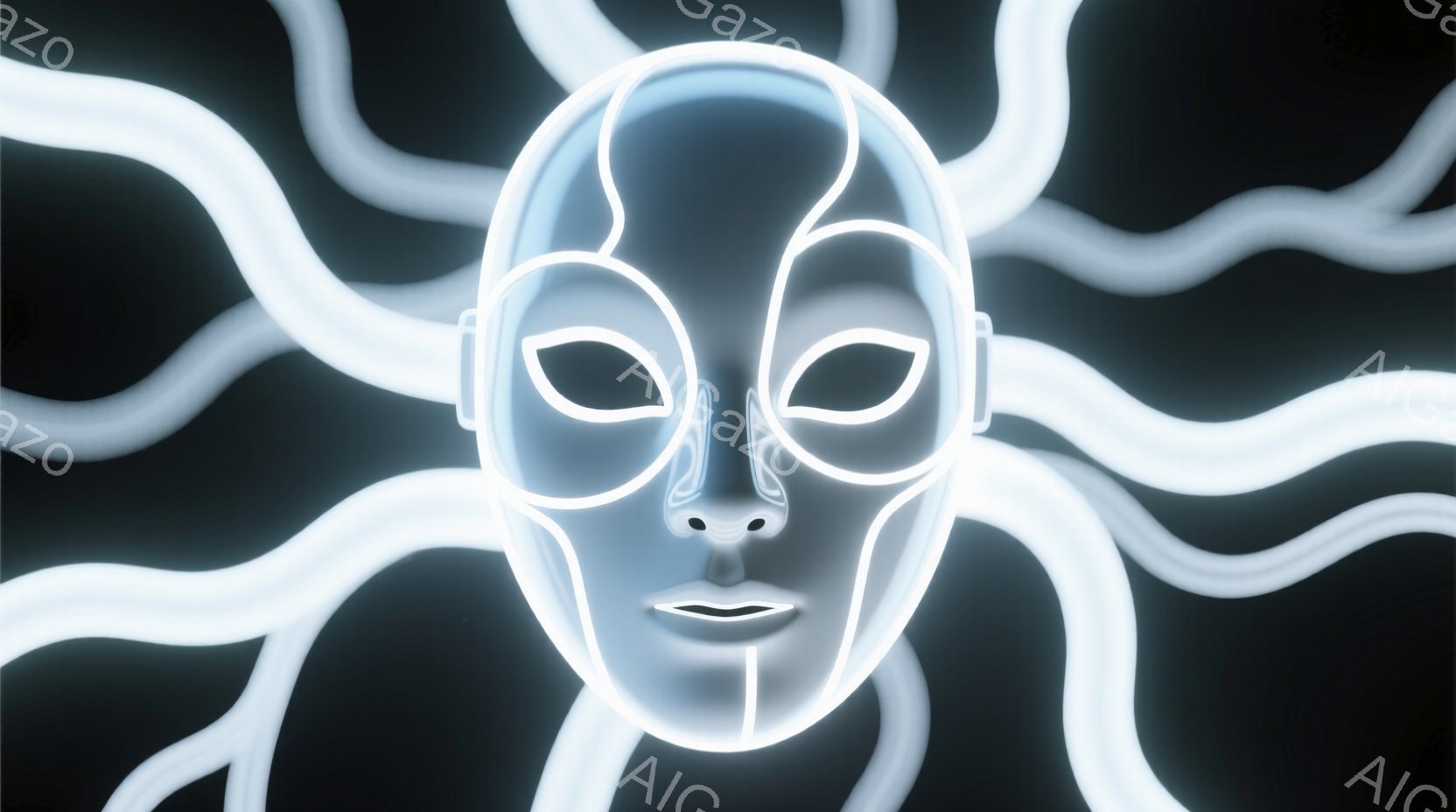 画像は、顔の輪郭が光るネオンのような線で表現された女性の顔のクローズアップです。目は閉じられ、表情は穏やかで神秘的な印象を与えます。背景は暗く、顔の周囲に放射状に広がる光の線が、未来的な雰囲気と動きを生み出しています。