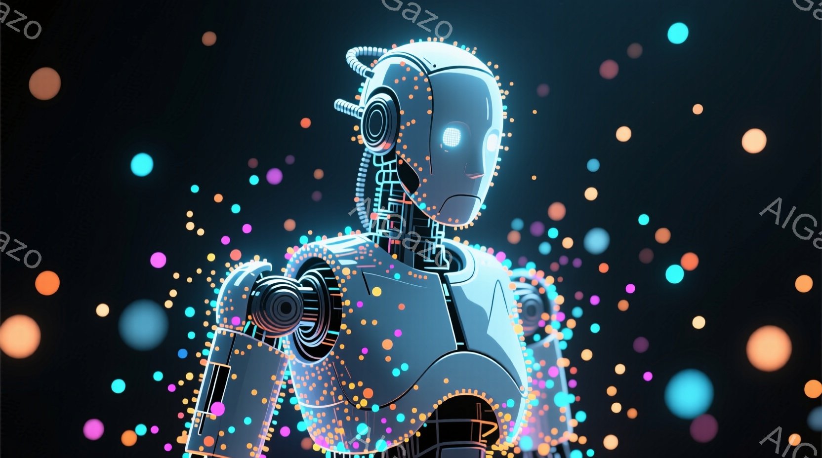 青色のロボットが、小さな光の粒子に囲まれて浮かび上がっている。ロボットは未来的なデザインで、頭部にはアンテナのようなものがついており、身体は光の線で構成されているかのように見える。背景は暗く、光の粒子 - AI生成フリー素材