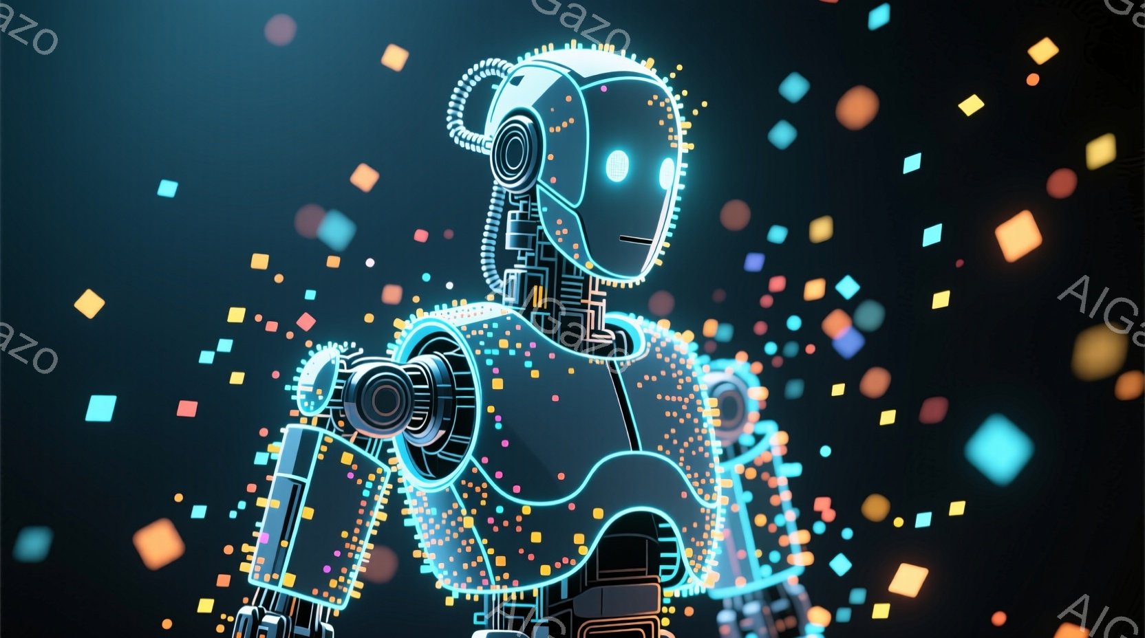 鮮やかなネオンカラーのラインで構成された人型ロボットが描かれています。ロボットは片手を少し上げ、未来的な姿勢をとっており、体は複雑な回路模様で覆われています。背景は暗い青色で、様々な色の小さな光の粒子が散りばめられ、サイバーパンク的で幻想的な雰囲気を醸し出しています。