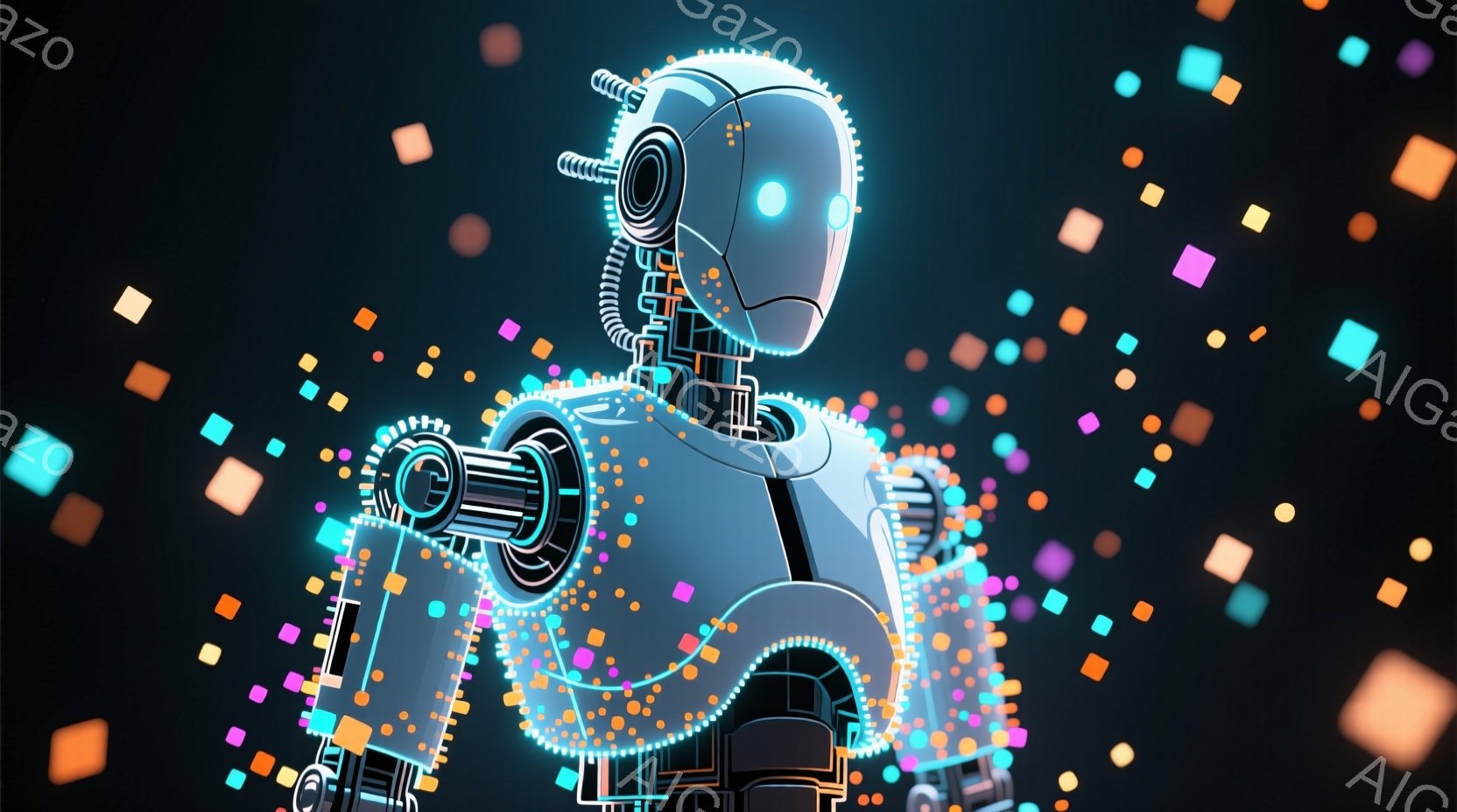 この画像は、未来的なロボットの半身像が描かれています。ロボットは、白い光る線で構成され、内部構造が露出したようなデザインです。背景は暗く、カラフルな小さな光の粒子が散りばめられており、近未来的な雰囲気を醸し出しています。