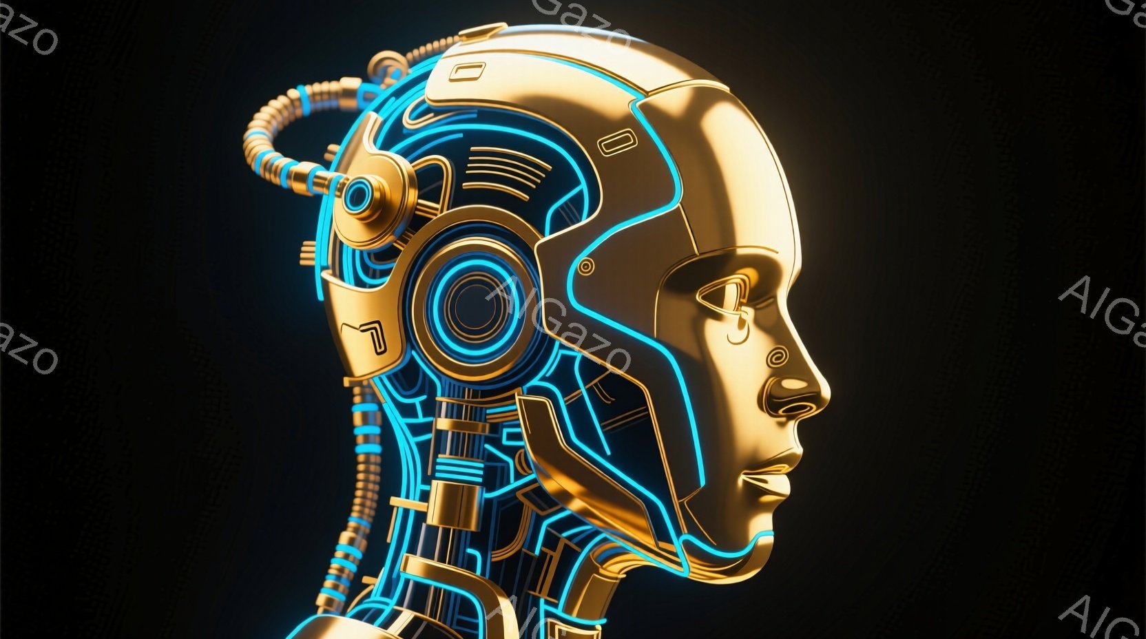 金色の機械的な女性の頭部が描かれている。内部構造が青い発光線で示されており、未来的なサイバーパンクの雰囲気を醸し出している。背景は暗く、機械的なパターンがわずかに見えることで、よりテクノロジーを感じさせる印象になっている。