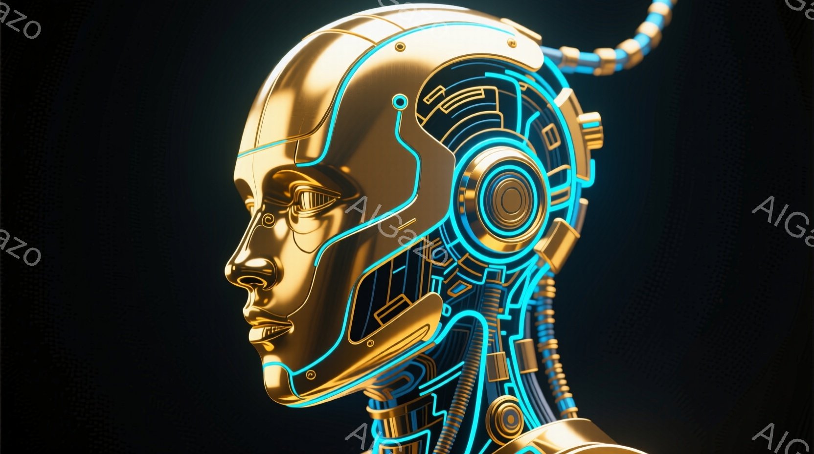 金色の機械的な女性の顔が描かれています。頭部には青い発光線が走る複雑な回路が露出しており、未来的なサイボーグの印象を与えます。背景は暗く、人物は正面を向き、表情は穏やかで、静的なポーズをとっています。
