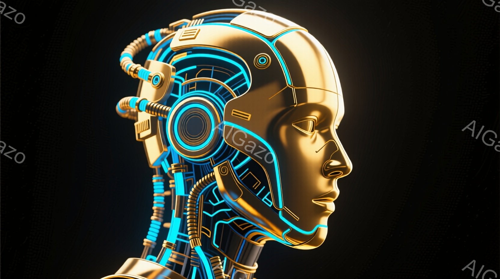 金色の金属製の女性の顔が描かれており、複雑な青色の配線が頭部全体に広がっています。表情は穏やかで、未来的なロボットの頭部を連想させます。背景は黒で、顔の金属的な輝きを強調し、高科技で洗練された雰囲気を醸し出しています。