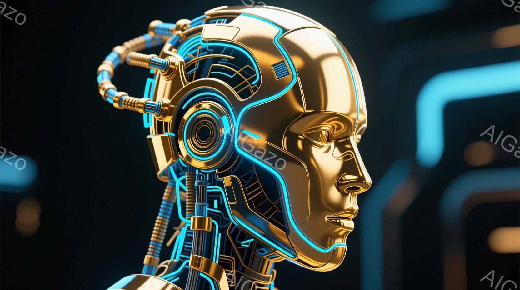 金色の機械的な顔が、複雑な青い配線と構造によって構成されています。その表情は静かで神秘的であり、未来的なロボットまたはサイボーグの頭部を思わせます。背景は暗く、青い光のラインが未来的な雰囲気を強調しています。
