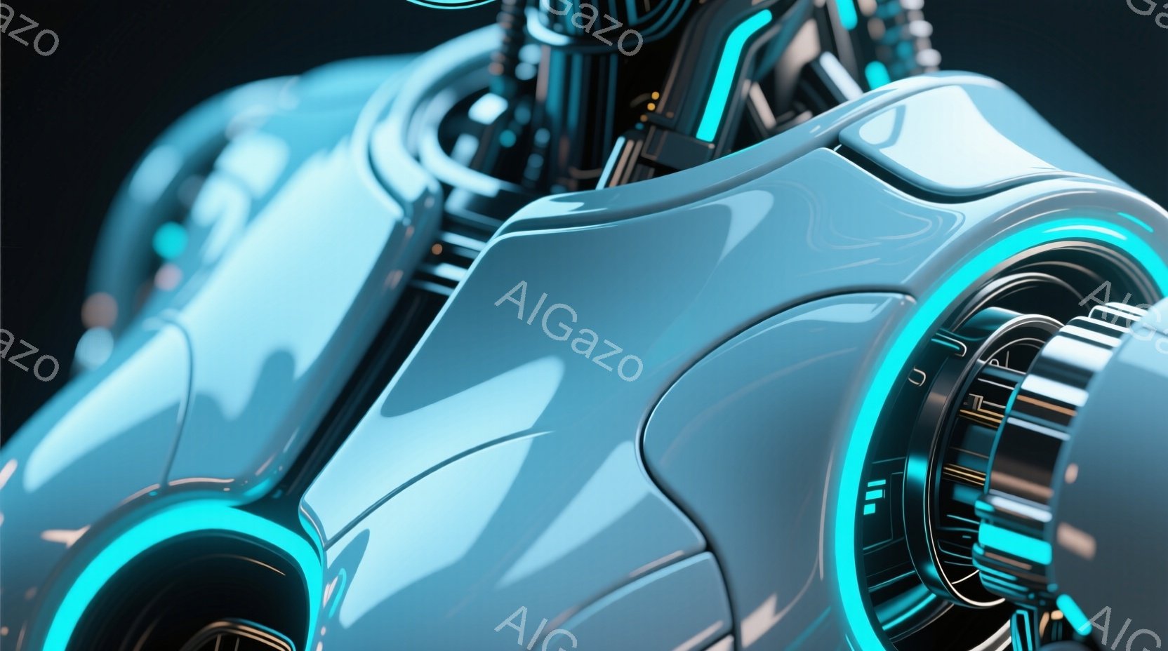 この画像は、未来的なロボットの胸部と肩の一部を捉えたクローズアップです。滑らかな白い装甲が特徴的で、明るいターコイズブルーの発光ラインが装飾として施されています。複雑な機械的なディテールが、先進的でテクノロジーに満ちた雰囲気を醸し出しています。