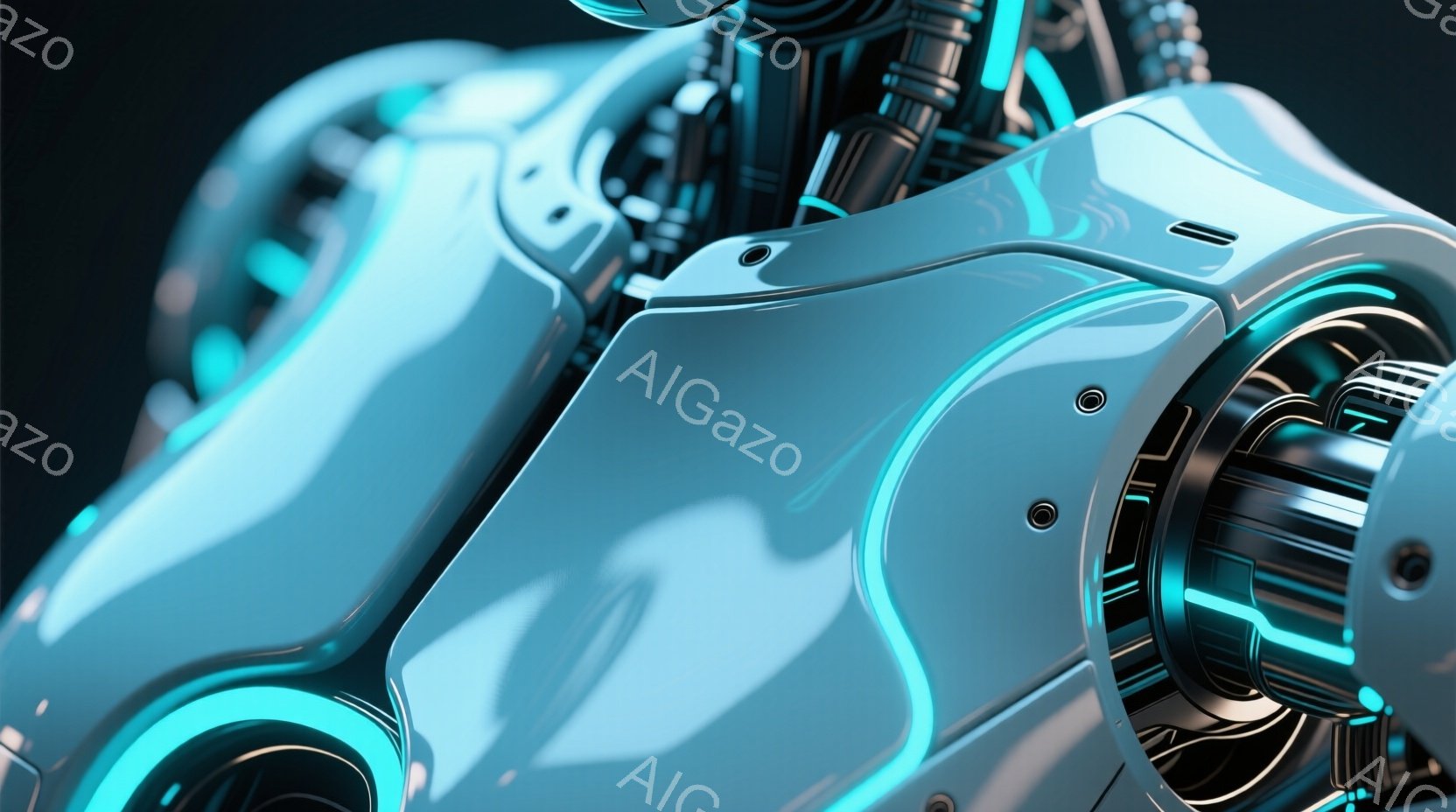 この画像は、未来的なロボットのボディの一部を捉えたクローズアップです。滑らかな白い装甲が光沢を放ち、内部には青色の発光するメカニカルな構造が組み込まれています。全体的に、先進技術と洗練されたデザインが融合した、近未来的な雰囲気を醸し出しています。