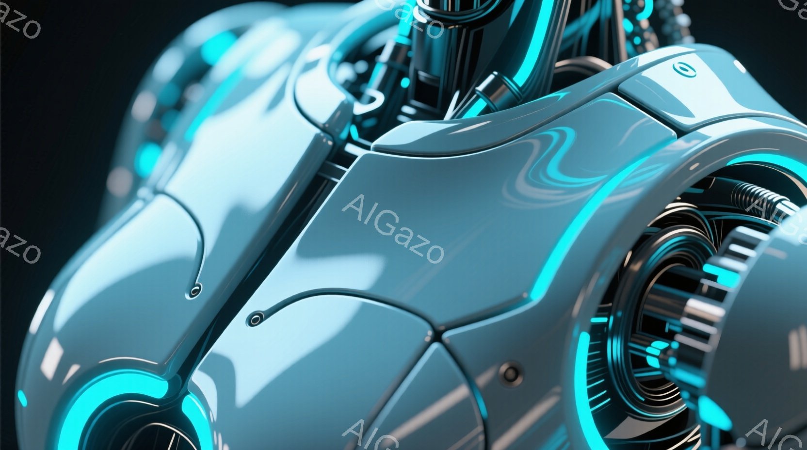 鮮やかな青色の光を放つ未来的なロボットのボディの一部が写っている。滑らかな曲線と金属的な質感が特徴で、内部には複雑な機械構造が見える。背景は暗く、光のコントラストが強調されており、近未来的な雰囲気を醸し出している。