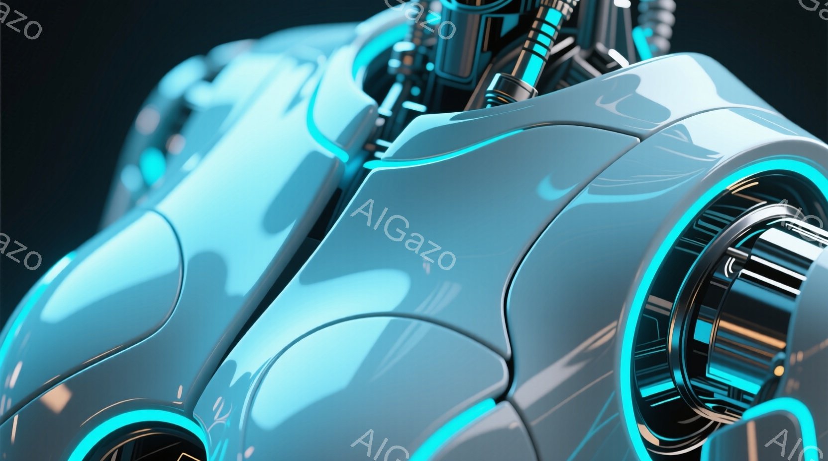 この画像は、未来的なロボットまたはサイボーグの胸部と肩のクローズアップを示しています。滑らかな白い装甲が特徴で、明るい水色のネオンライトが縁取りや内部メカニズムを強調しています。背景は暗く、ハイテクな雰囲気を醸し出しています。