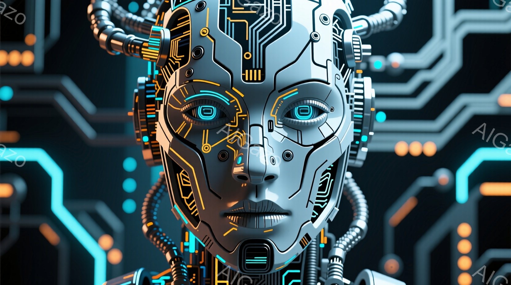 この画像は、未来的な女性のサイボーグの顔のクローズアップです。顔は銀色の金属製の複雑な構造で構成されており、青とオレンジ色の発光する回路が組み込まれています。背景には、同様の回路パターンが広がり、サイボーグの顔と融合し、高科技で未来的な雰囲気を醸し出しています。