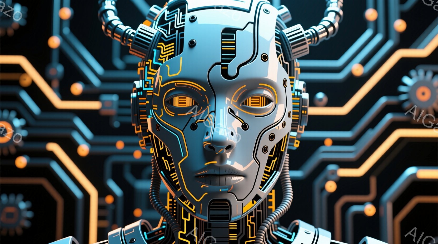 この画像は、未来的なロボットの顔のクローズアップです。顔は銀色の金属製で、幾何学的な線と複雑な回路で構成されており、目は明るいオレンジ色に光っています。背景は黒く、複雑なオレンジ色の回路パターンで覆われており、技術的で未来的な雰囲気を醸し出しています。