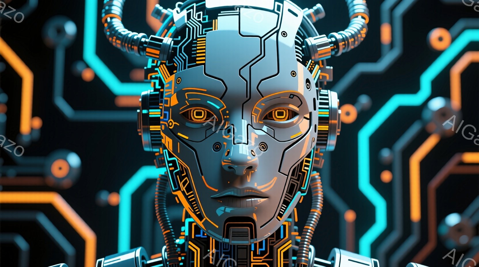 この画像は、複雑な回路パターンを背景に、未来的なロボットの顔のクローズアップです。ロボットの顔は金属製で、青とオレンジの光るラインで強調された幾何学的なデザインが施されています。表情は中立的で、目は鮮やかなオレンジ色に光り、全体的に先進的で冷たい雰囲気を醸し出しています。