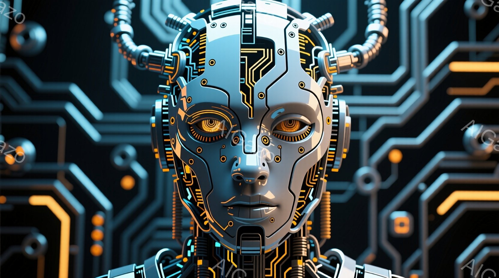 複雑な回路基板を背景に、金属製のロボットの顔が正面を向いている。顔は人間のような特徴を持ちながらも、無機質な金属で構成されており、目は黄色く光っている。全体的に近未来的でテクノロジーを感じさせる、クールな雰囲気である。
