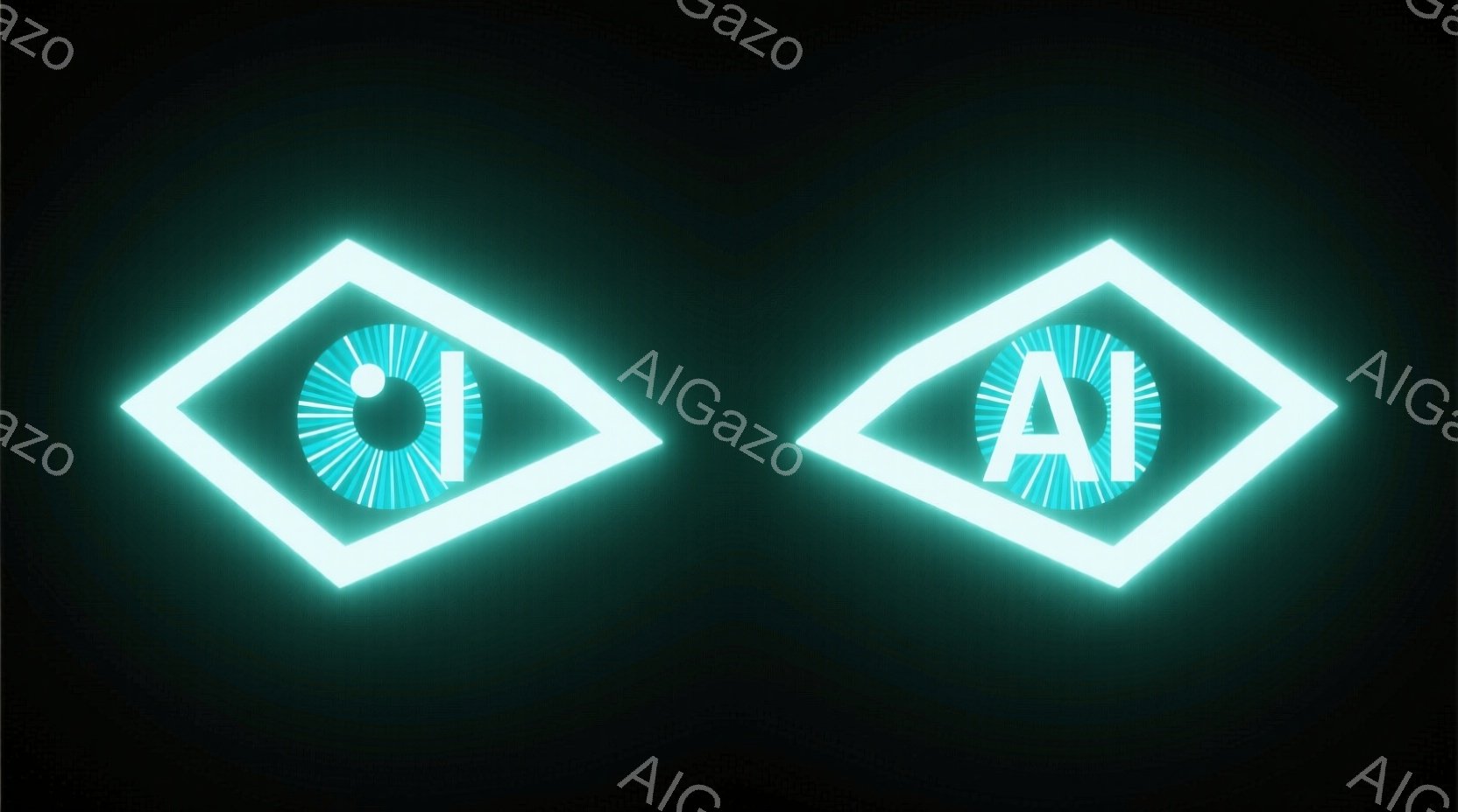 鮮やかな水色の光で構成された、ダイヤモンド形の二つのアイコンが描かれている。一方のアイコンには、中心に小さな光点があり、もう一方には「AI」という文字が配置されている。黒色の背景が、光るアイコンを際立たせ、未来的な雰囲気を醸し出している。