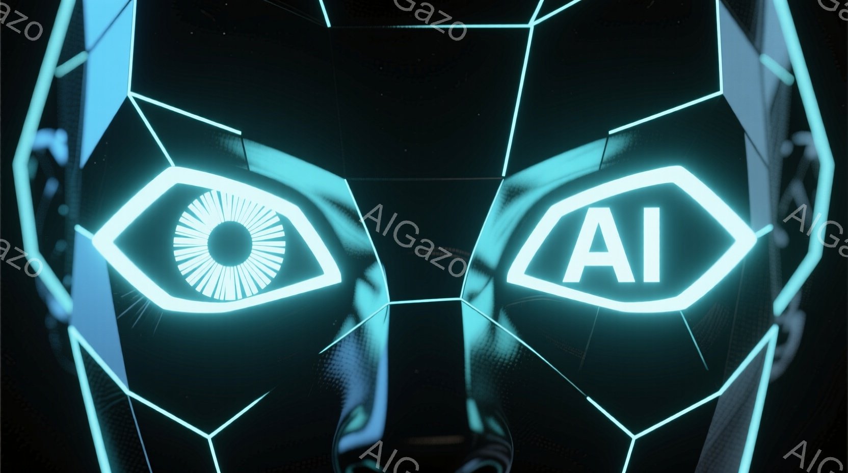 この画像は、青色に光る多角形のフレームで構成された顔のクローズアップです。片方の目はリアルな虹彩と瞳孔を持ち、もう片方の目は「AI」という文字で表現されています。背景は暗く、未来的な雰囲気を醸し出しています。