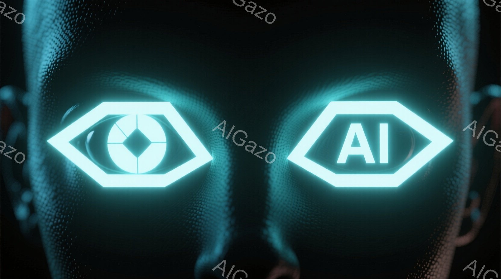 この画像は、顔の半分が写っており、目は鮮やかな水色の光を放つ幾何学的な形に置き換えられています。 服装や髪型は不明ですが、皮膚はわずかにテクスチャ化されており、未来的な印象を与えます。 全体的に、この画像はサイバーパンク的な雰囲気と、人工知能または高度なテクノロジーを示唆しています。