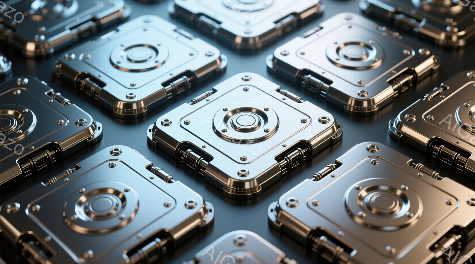 均一な金属製の正方形のパネルが規則的に並んでいます。各パネルは中央に円形の凹みがあり、周囲はボルトで固定された金属製のフレームで囲まれています。全体的に冷たく、工業的な雰囲気で、精密な機械部品または未来的な装甲のテクスチャを想起させます。