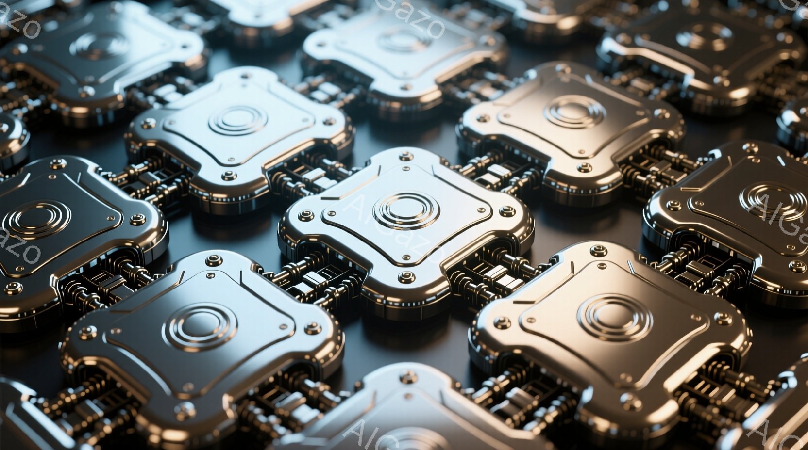 この画像は、金属製の複雑な形状をした部品が、暗い背景に密集して配置されたクローズアップショットです。各部品は、中央に円形の凹みがあり、周囲には多数の小さな突起とネジが見られます。全体的に、精密なメカニズムや未来的な技術を連想させる、冷たく、工業的な雰囲気です。