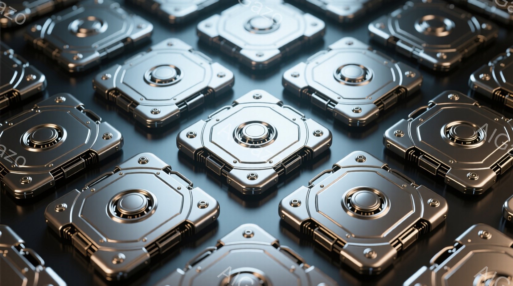 画像は金属製の六角形のプレートが規則的に並んだ様子を捉えています。プレートは銀色で光沢があり、表面には複雑なメカニカルなディテールが刻まれています。背景は暗く、プレートの金属的な質感が際立っています。