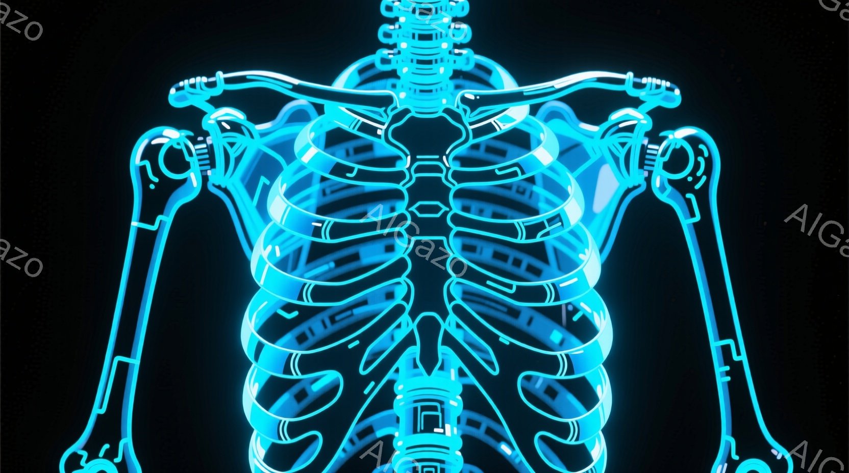 この画像は、青く光る骨格の胸郭と肩の部分を捉えています。線は太く、未来的な印象を与えるように設計されており、内部構造が強調されています。背景は暗く、星のような細かい粒子が散りばめられており、神秘的でテ - AI生成フリー素材