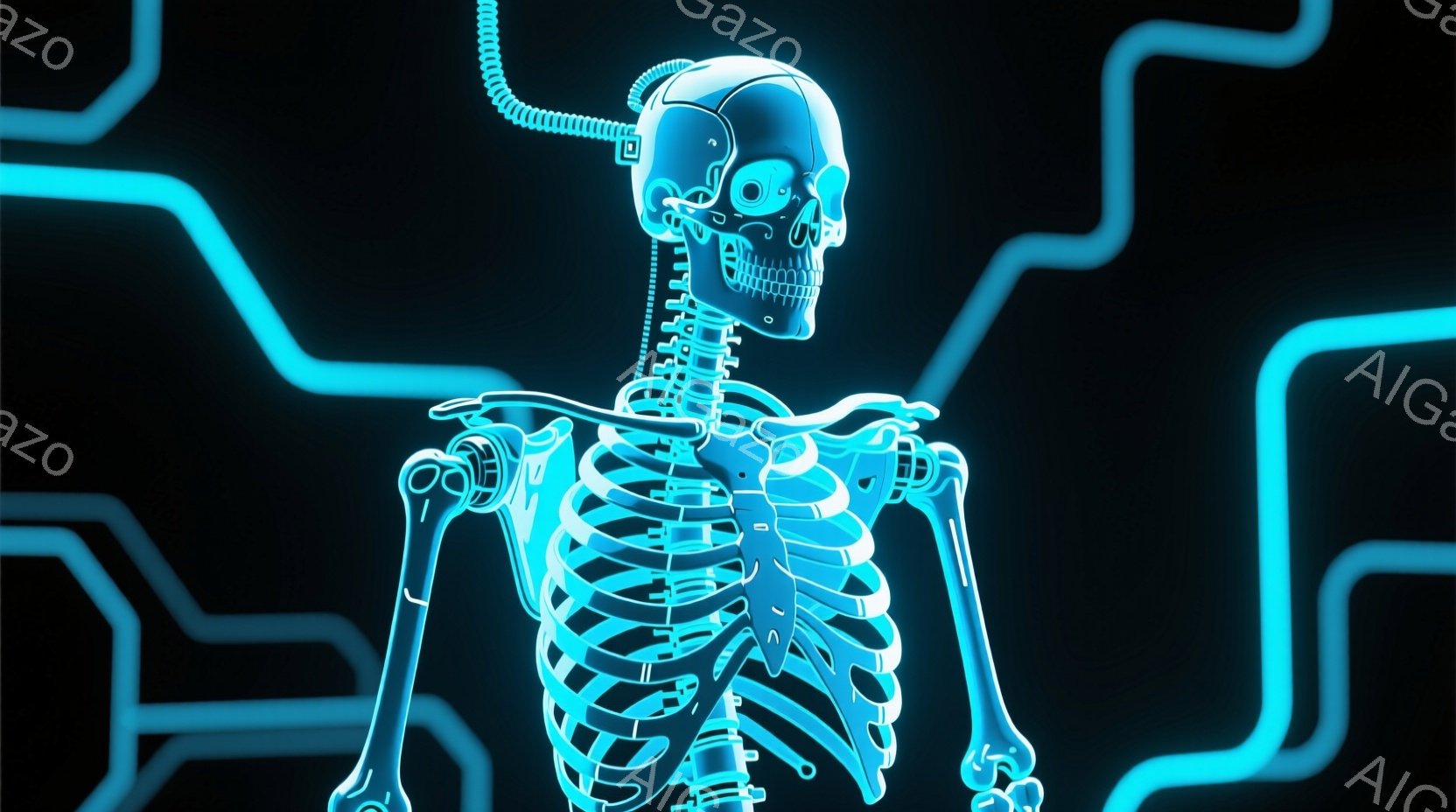 この画像は、青く発光する人骨の全身像で、頭部には複雑な機械装置が接続されています。人骨は正面を向き、やや緊張した姿勢で立っており、背景は暗闇の中に青色の幾何学模様が浮かび上がっています。全体的に未来的な雰囲気で、サイバーパンクやテクノロジーを連想させる、冷たく光り輝くイメージです。