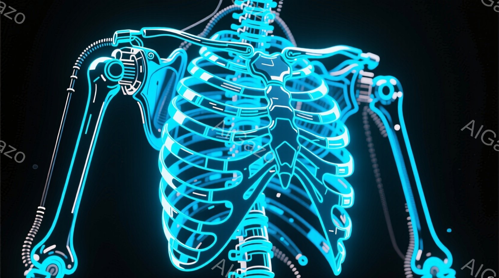 この画像は、明るい青色の発光する人体骨格の一部、具体的には胸郭と肩、そして首の一部を描写しています。骨格はスタイリッシュで未来的なデザインで、黒色の背景に浮かび上がり、まるでテクノロジーと生物学が融合したアート作品のようです。 全体的にクールで、洗練された印象を与える画像です。