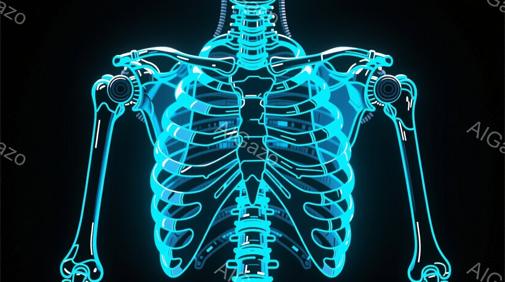 この画像は、青く光る人間の骨格の胸部と肩の領域を描いています。肋骨、鎖骨、肩甲骨、そして脊椎が未来的なネオンライトのような光で表現され、暗い背景に浮かび上がっています。全体として、テクノロジーと人体構造を融合させた、サイバーパンク的な雰囲気があります。