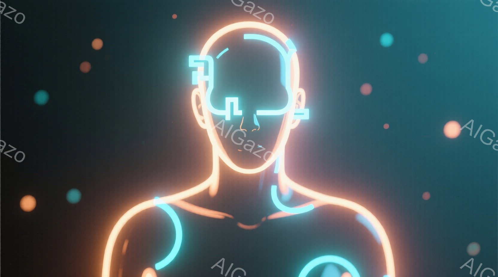 この画像は、ネオンライトで描かれた人物のシルエットを描いています。人物は頭部に幾何学的なデザインのヘッドセットを装着し、表情は読み取れませんが、未来的な雰囲気を漂わせています。背景は暗く、小さな光点が - AI生成フリー素材