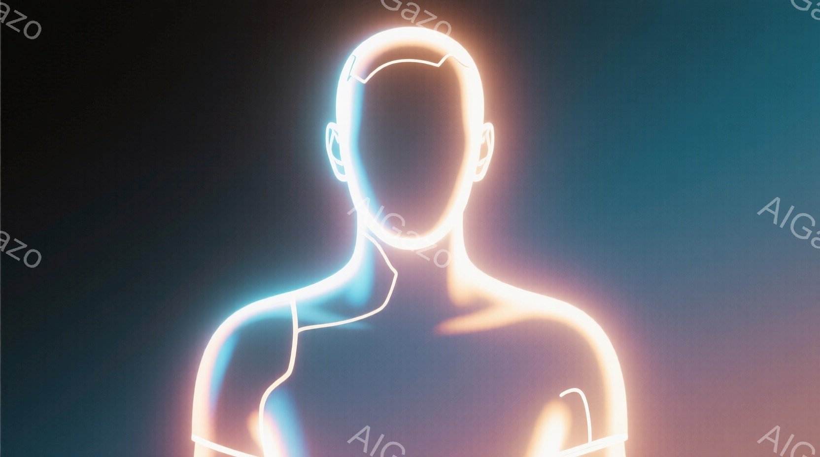 この画像は、明るい青とオレンジの光で描かれた人型のシルエットを描いています。 人物は上半身のみで、服を着ていないように見え、髪型や表情は不明です。 背景は暗く、光の軌跡がぼやけており、未来的な雰囲気を作り出しています。