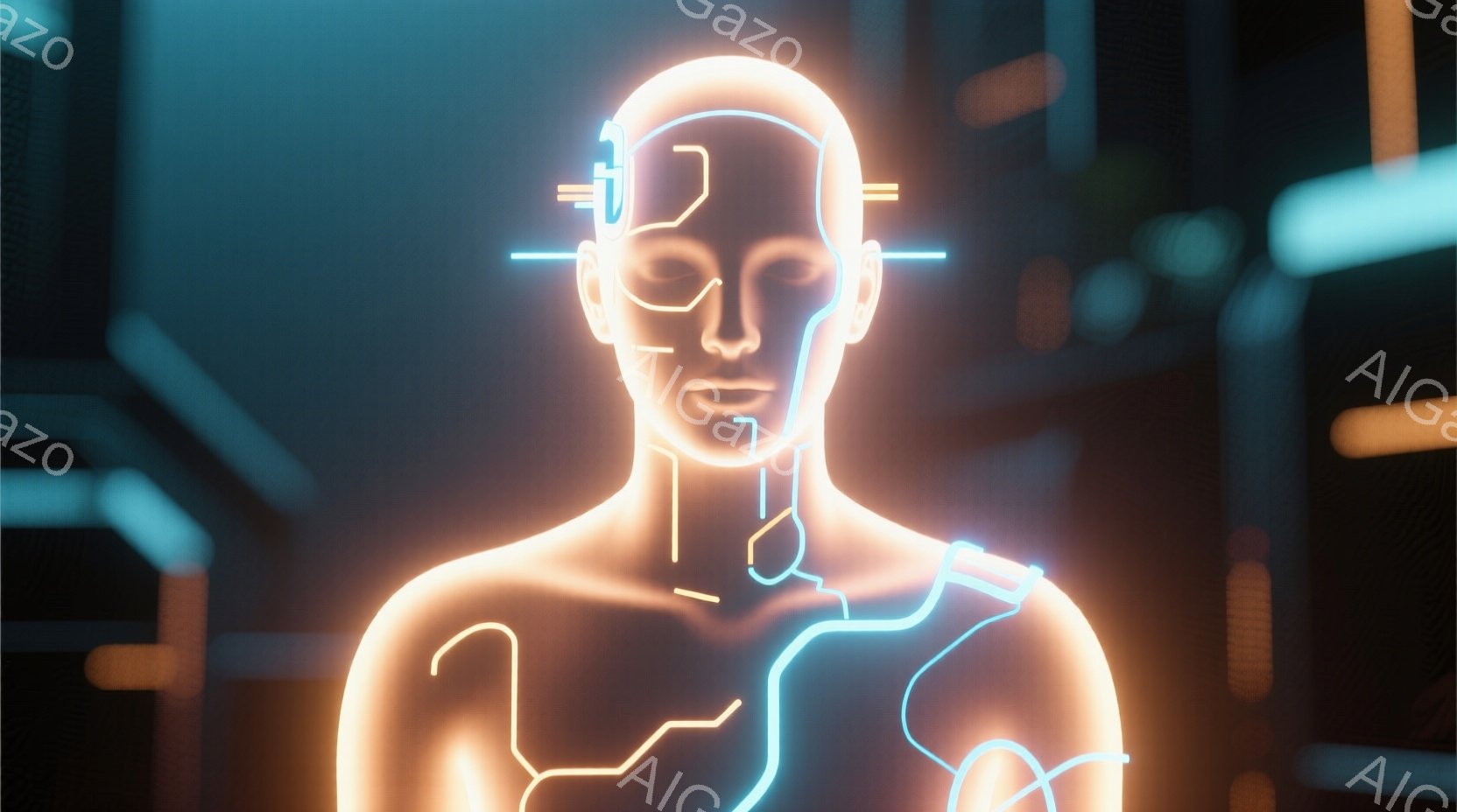 この画像は、ネオンライトで描かれた人間のシルエットを描いています。人体はオレンジ色に輝き、血管や神経のような青い線が内部を走っています。背景は暗く、抽象的な構造物がわずかに見え、未来的な雰囲気を醸し出しています。