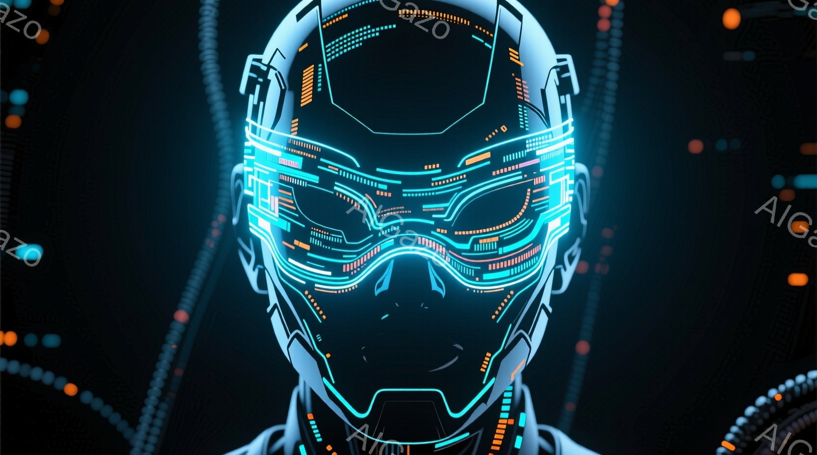 この画像は、未来的なデザインのヘルメットを被った人物の正面からのクローズアップです。ヘルメットは光る青いラインで覆われ、複雑な回路模様が描かれています。背景は暗く、光るドットが散りばめられ、SF映画のようなデジタルな雰囲気を醸し出しています。