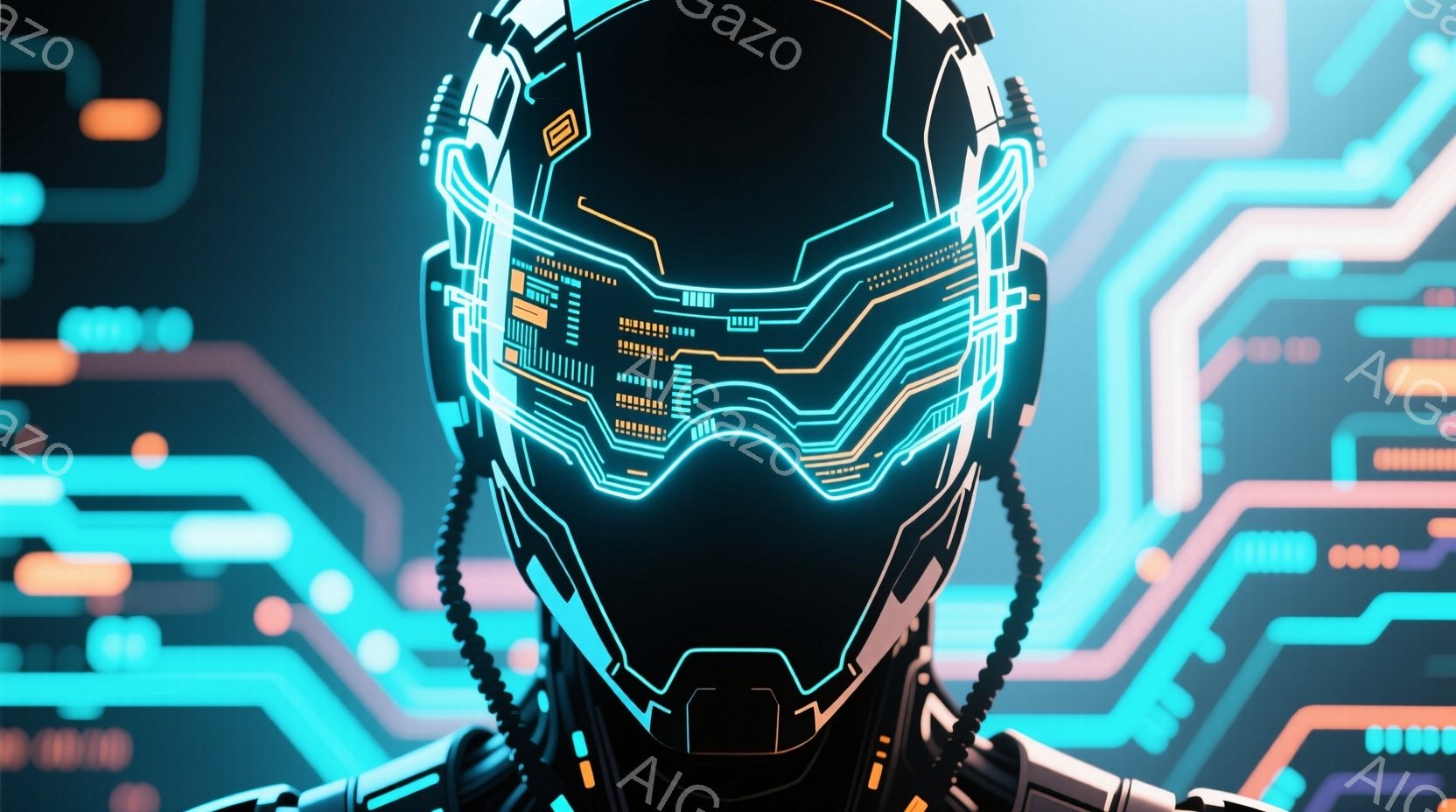 この画像は、未来的なデザインのヘルメットを着用した人物の顔をクローズアップしたものです。ヘルメットは黒を基調とし、鮮やかなターコイズブルーとオレンジ色のネオンライトが複雑な回路パターンを描き出しています。背景には、同じ回路パターンが広がり、サイバーパンクな雰囲気を作り出しています。