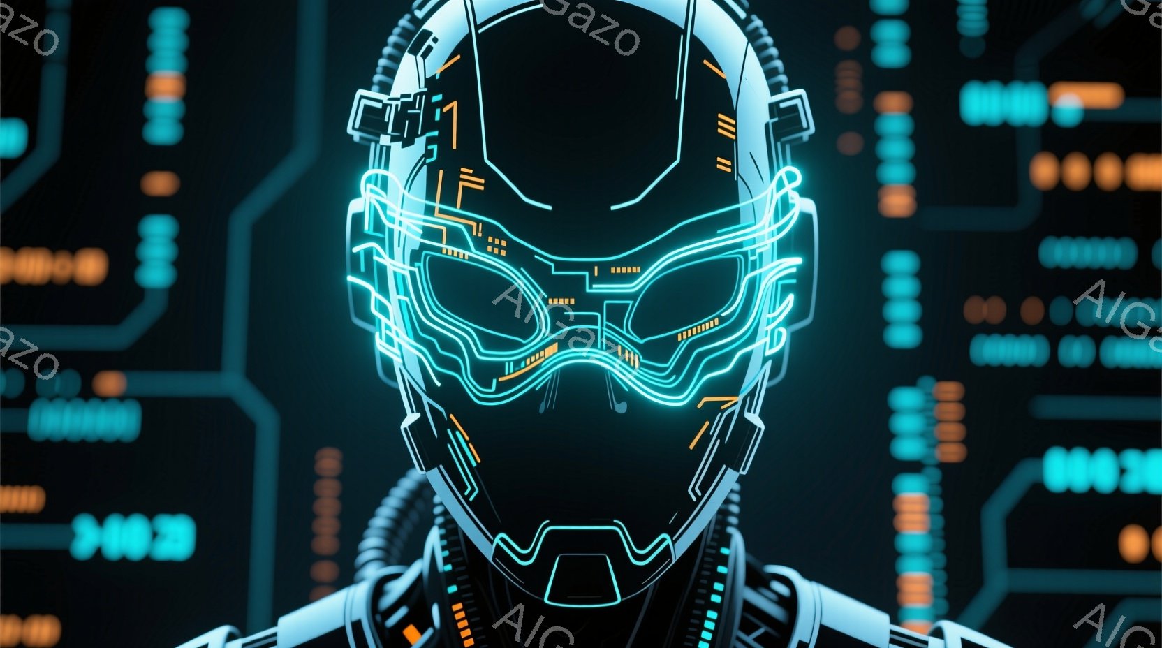 この画像は、未来的なデザインのヘルメットを被った人物の胸から上を捉えています。ヘルメットは青い発光線で構成され、複雑な回路模様が特徴的で、顔の輪郭を強調しています。背景には、同じ青色で描かれた電子回路のような模様が広がっており、サイバーパンク的な雰囲気を醸し出しています。