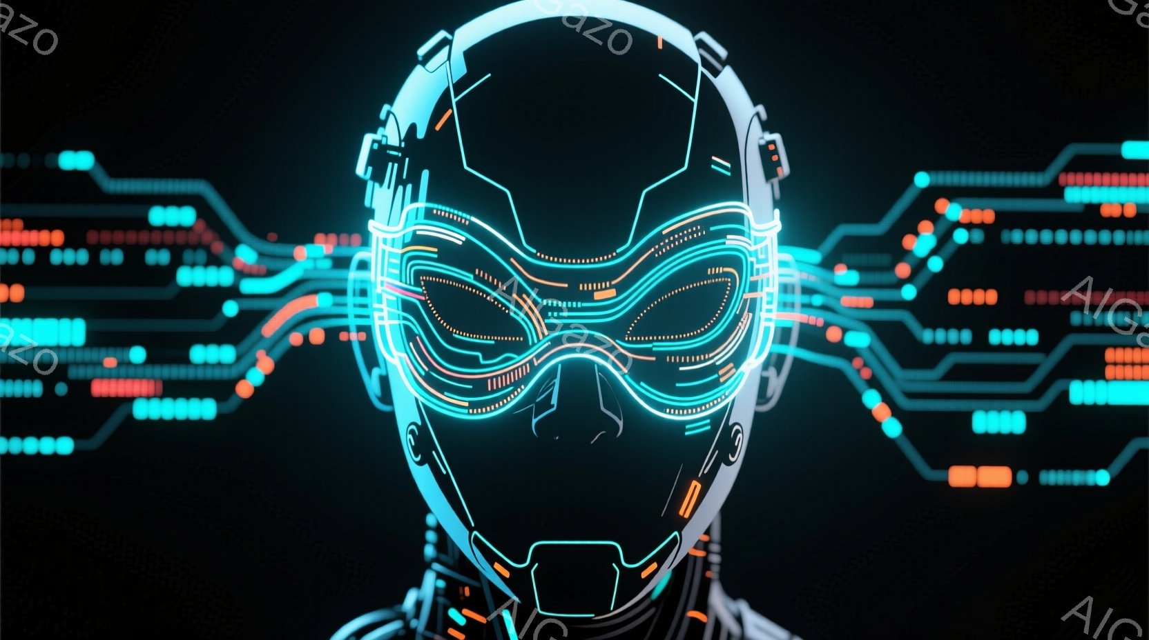 この画像は、未来的なヘルメットを被った人物の顔のクローズアップです。ヘルメットは白を基調とし、青い発光線が複雑な回路模様を描き、顔の輪郭を強調しています。背景は暗く、青とオレンジの光る線が回路図のように広がり、サイバーパンク的な雰囲気を醸し出しています。