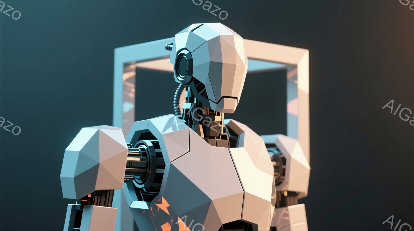 この画像は、幾何学的な形状で構成されたロボットの胸部と肩のアップです。ロボットは未来的なデザインで、白い装甲と複雑な内部構造が特徴です。背景には、白い線で構成された立方体がぼんやりと見え、全体的にクールで技術的な雰囲気を醸し出しています。